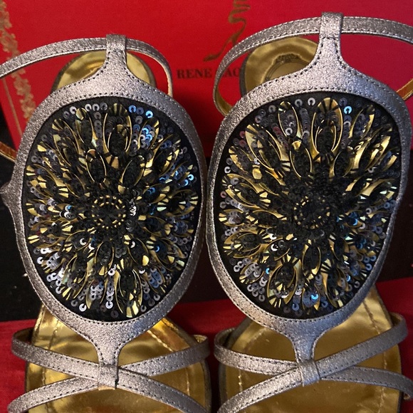 Rene Caovilla "Rosa" Black Sequin Medallions Gold & Platinum High Heel Sandals - Picture 4 of 16
